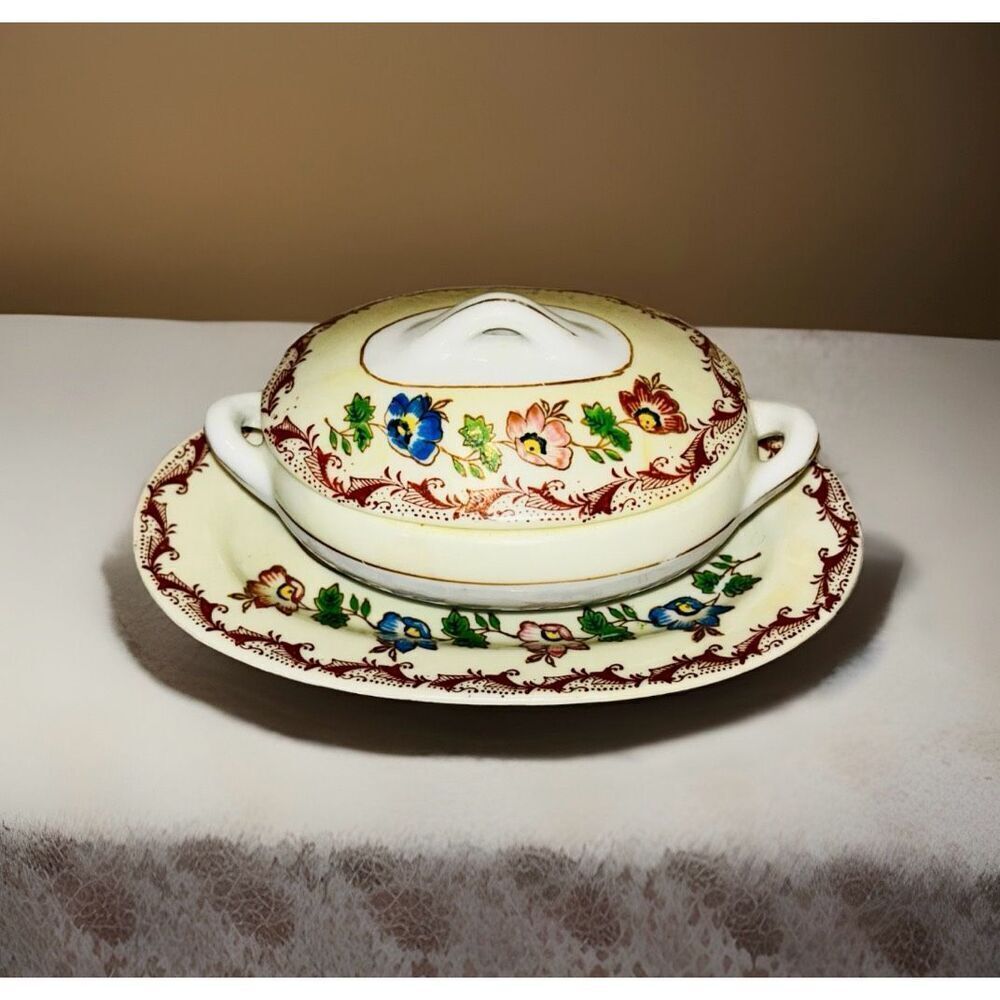 Vintage Japan Mini White Porcelain Tureen Floral Pattern Under Plate